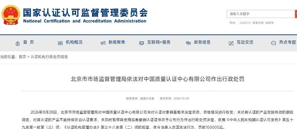 认监委公示:这家认证行业老大哥被北京市局行政处罚10万!
